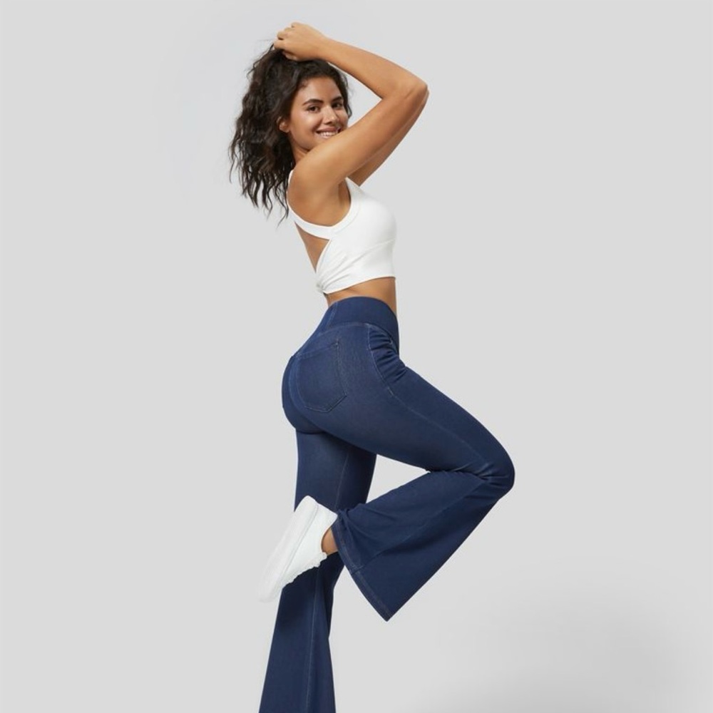 Halara pull on cross over waist denim flares